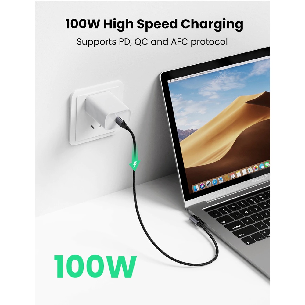 Cáp sạc USB C sang USB C Ugreen US334 góc vuông 90 độ vỏ bện | Sạc nhanh 100W PD 4.0 | Tốc độ truyền 480Mbps | Bảo Hành