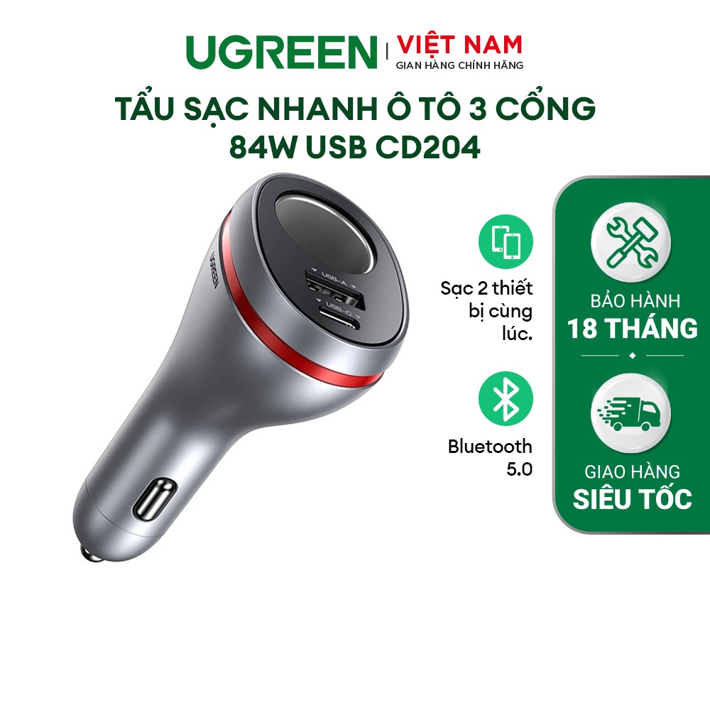 Tẩu Sạc Nhanh Ô Tô 3 cổng 84W USB UGREEN CD204 QC4.0 PD3.0 | Bảo hành 18 tháng 1 đổi 1| 60712