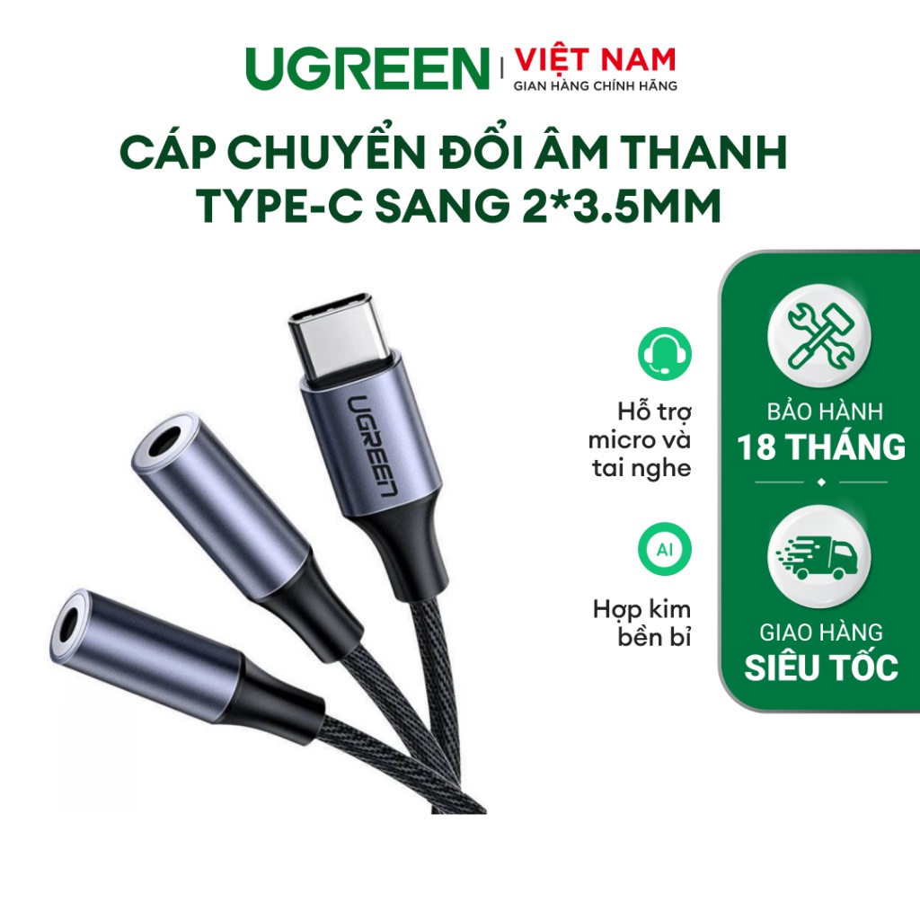 Cáp chuyển đổi âm thanh Type C sang 2 cổng 3.5 mm UGREEN CM445 | Hỗ trợ âm thanh và micro | Hàng chính hãng