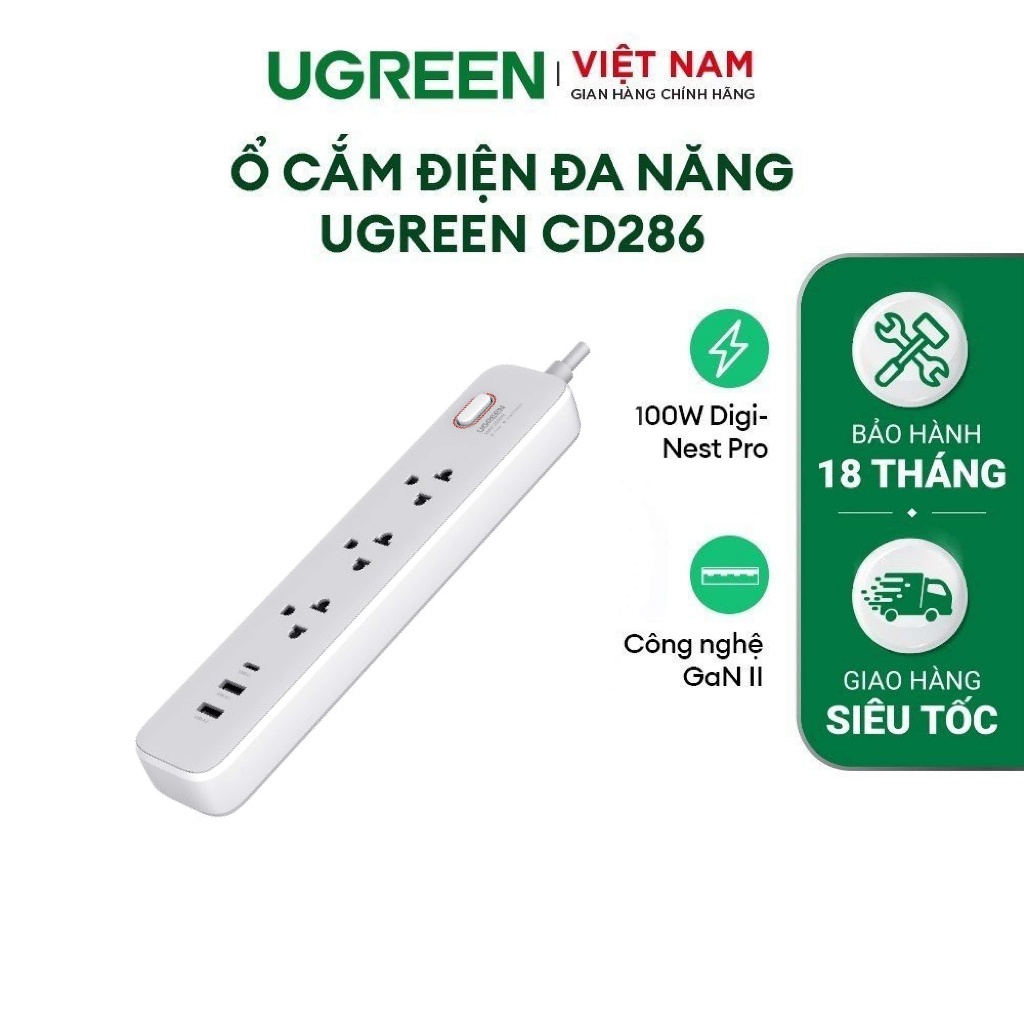 Ổ cắm điện đa năng UGREEN CD286 | 6 cổng tích hợp | Công suất tối đa 100W | Bảo Hành 18 Tháng 1 Đổi 1 | 15143