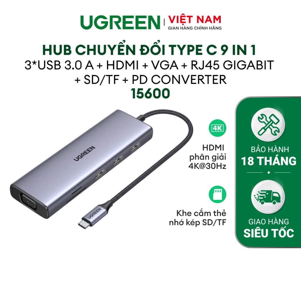 Hub chuyển đổi Type C UGREEN 9 in 1| HDMI 4K UHD| USB 3.0 | Bảo Hành 18 Tháng | 15600 90119