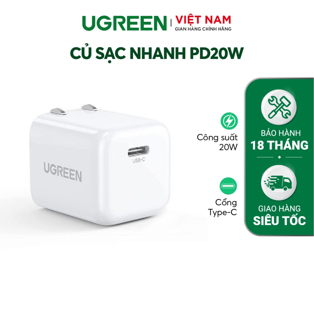 Củ sạc nhanh mini UGREEN 20W CD249 Cổng USB Type-C| Chân cắm US gập gọn| Bảo hành 18 tháng 1 đổi 1 70572 30313 80947