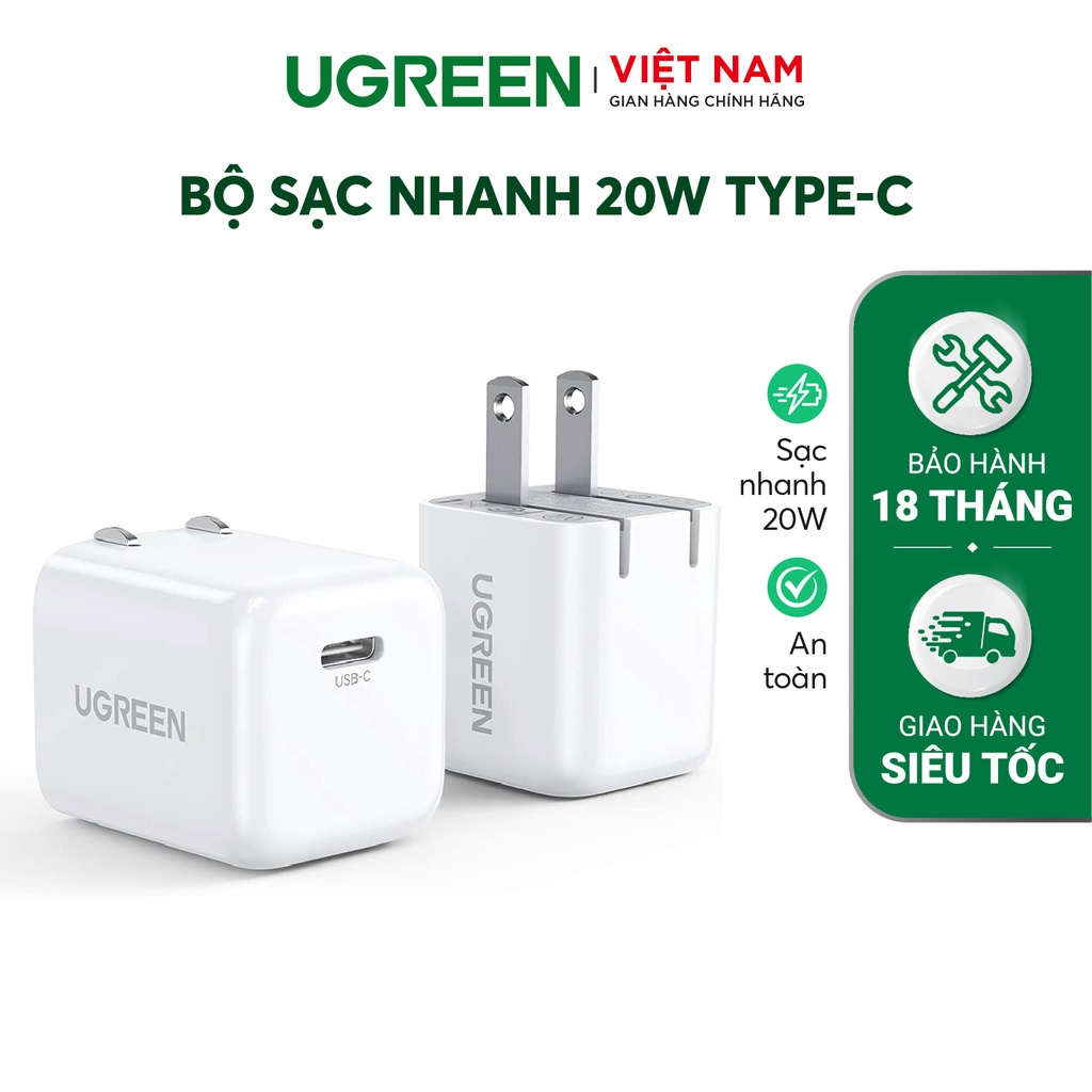 Củ sạc nhanh mini UGREEN 20W CD249 Cổng USB Type-C| Chân cắm US gập gọn| Bảo hành 18 tháng 1 đổi 1 70572 30313 80947