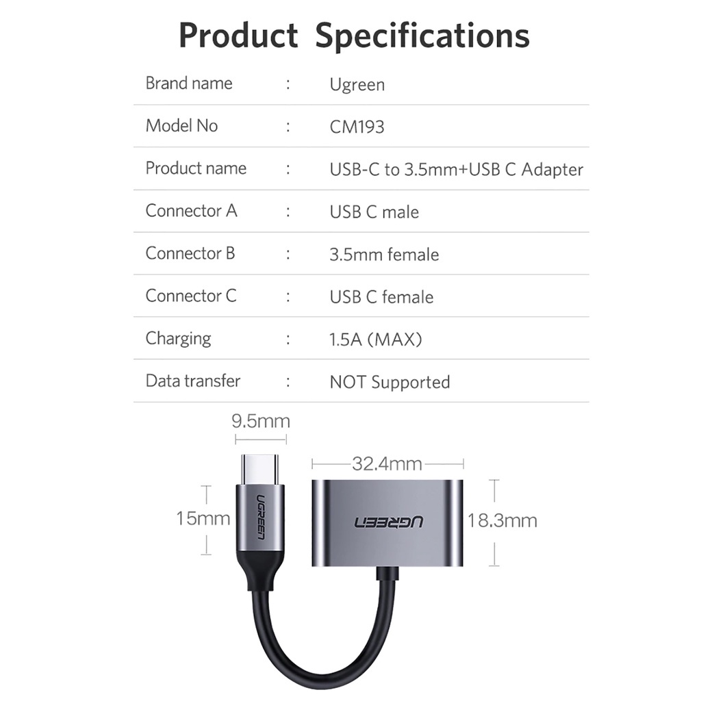 Bộ chuyển đổi Type C sang 3.5mm + Hỗ trợ cổng sạc USB-C UGREEN CM193 |  PVC chất lượng cao | Bảo Hành 18 Tháng 1 Đổi 1.