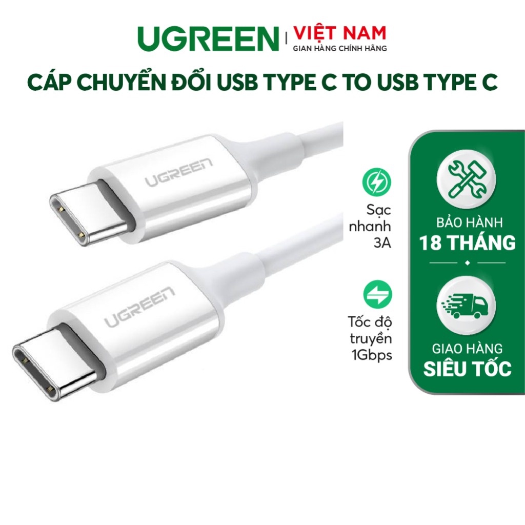 Cáp sạc nhanh Type C UGREEN US264 | Sạc nhanh dòng 3A |Vỏ bện nylo|Đầu hợp kim tản nhiệt tốt | Bảo hành 18 tháng 1 đổi1