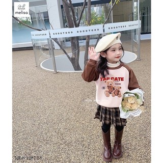 Set Melisa áo nỉ kem phối nâu hình gấu - chân váy liền quần kẻ caro nâu size 2 - 12y