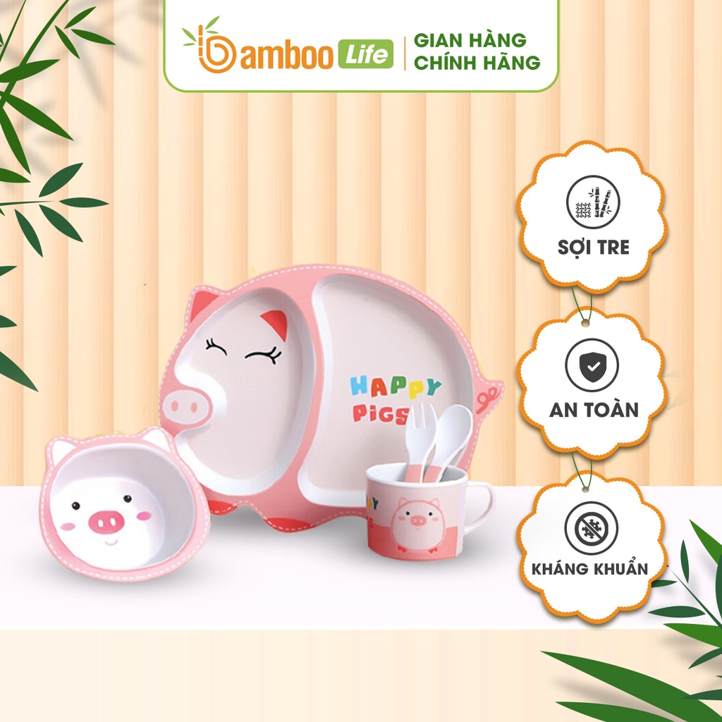 Khay ăn dặm sợi tre Bamboo Life BL031 cao cấp 5 món gồm thìa, dĩa, khay, bát, cốc hình thú cute