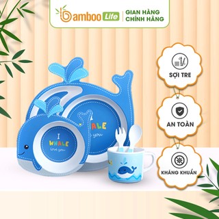 Bát ăn dặm cho bé sợi tre Bamboo Life BL035 cao cấp 5 chi tiết gồm khay, bát, cốc, thìa, dĩa