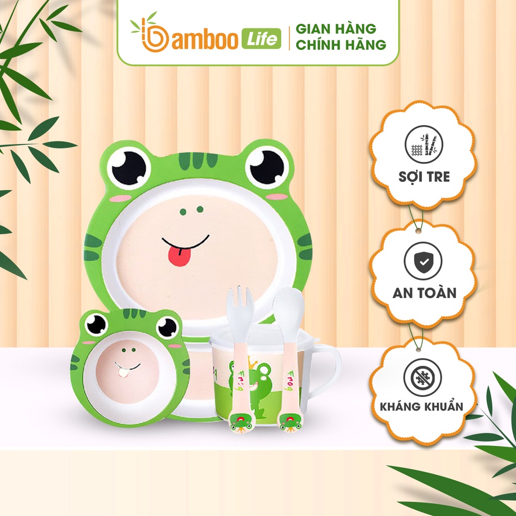 Khay ăn dặm cho bé sợi tre Bamboo Life BL040 gồm 5 chi tiết gồm thìa, dĩa, khay, bát, cốc dành cho trẻ em