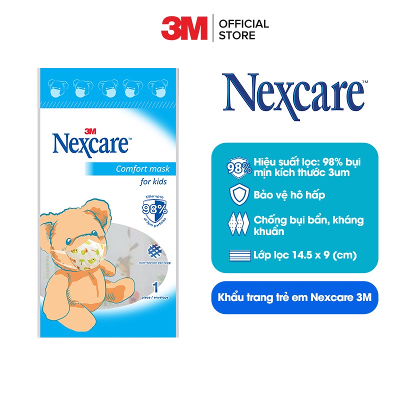 Combo 5 Khẩu trang trẻ em Nexcare 3M Chống bụi, kháng khuẩn lọc 98% bụi mịn, vải không dệt mềm mại