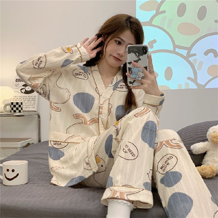 Plus Bộ Đồ Ngủ Pijama Tay Dài Thời Trang Thu Đông Cho Nữ