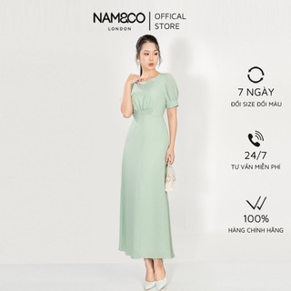 Đầm dáng dài nữ Namandco tay bồng có chun ở bụng size S M L XL màu xanh, trắng ND0326-A