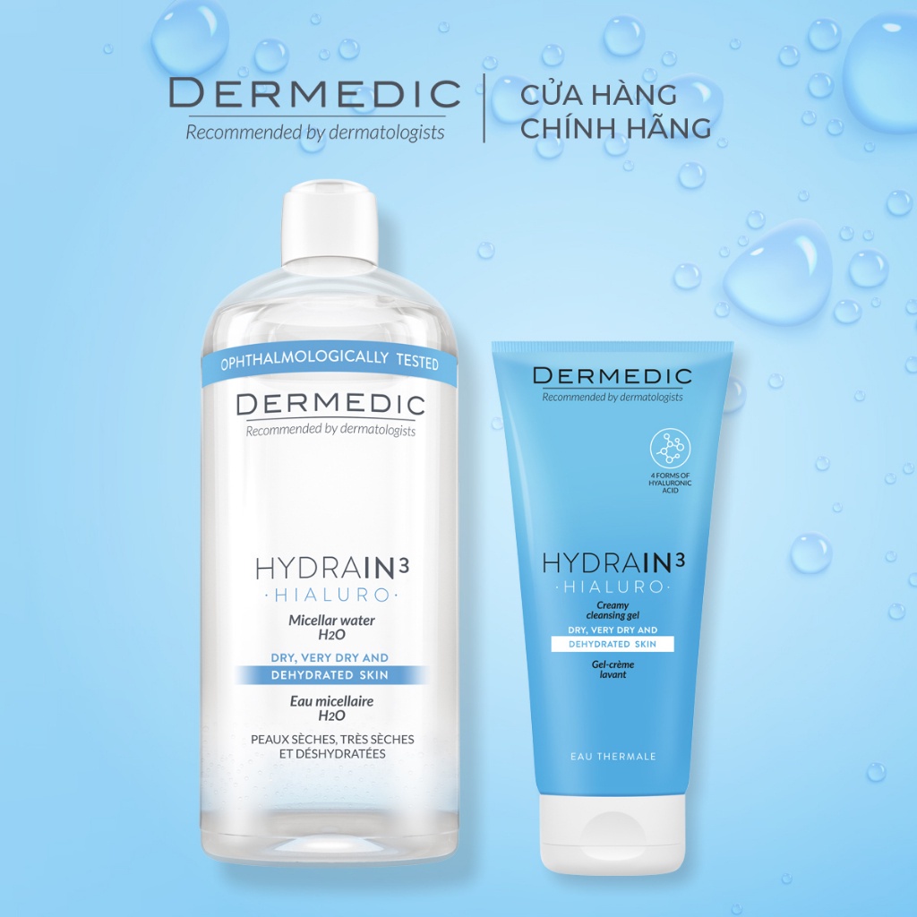 Bộ đôi tẩy trang và làm sạch 2 trong 1 dành cho da khô Dermedic Hydraun3 Hialuro Micellar