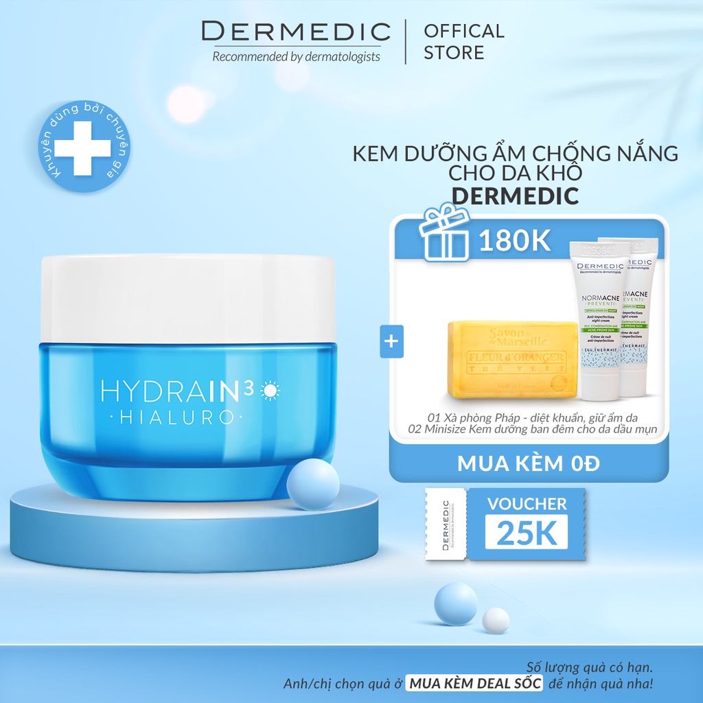 Kem dưỡng ẩm chống nắng dành cho da khô Dermedic Hydrain3 Hialuro Deeply Moisturizing Cream SPF15 (50g)