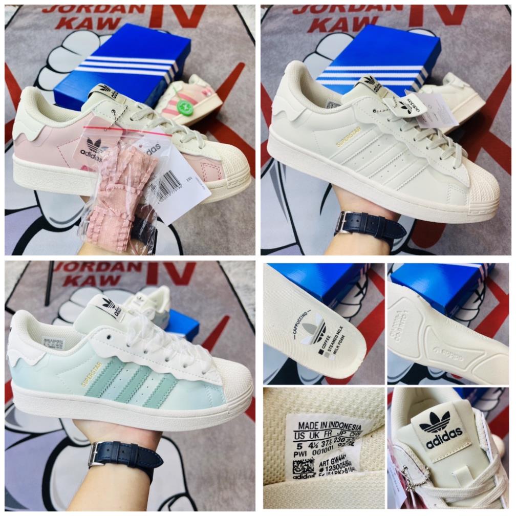 Giày Adidas superstar, giày thể thao adidas mũi sò, cổ thấp, đế bệt, 3 bản màu xanh hồng và kem, bản best