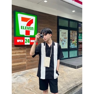 Áo sơ mi cổ danton, phối màu, dáng suông, chất liệu lụa [America Cuban Collar Shirt]