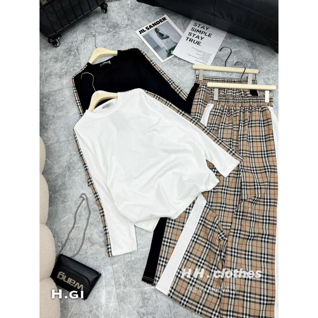 Set Bộ Đồ Nữ Áo Thun Basic Đen Trắng Dài Tay Phối Kẻ Chạy Dọc Tay Mix Quần Kẻ Caro Suông Dài Ống Rộng Freesize