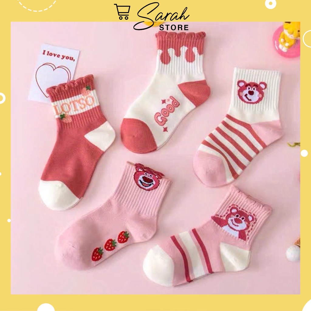 Set 5 Đôi Tất Bé Gái Hình Gấu Hồng Losto Chất cotton Te26