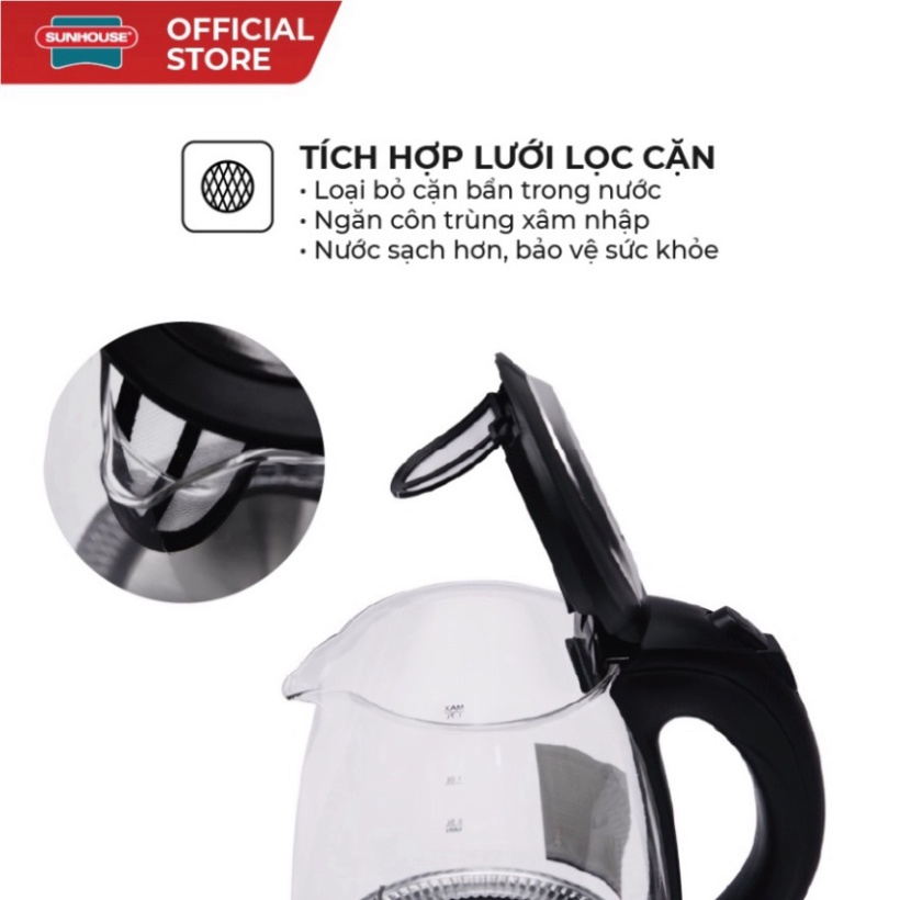 Ấm Siêu Tốc Thủy Tinh SUNHOUSE SHD1217 dung lượng 1.7L Bình Đun nước đã nấu sô