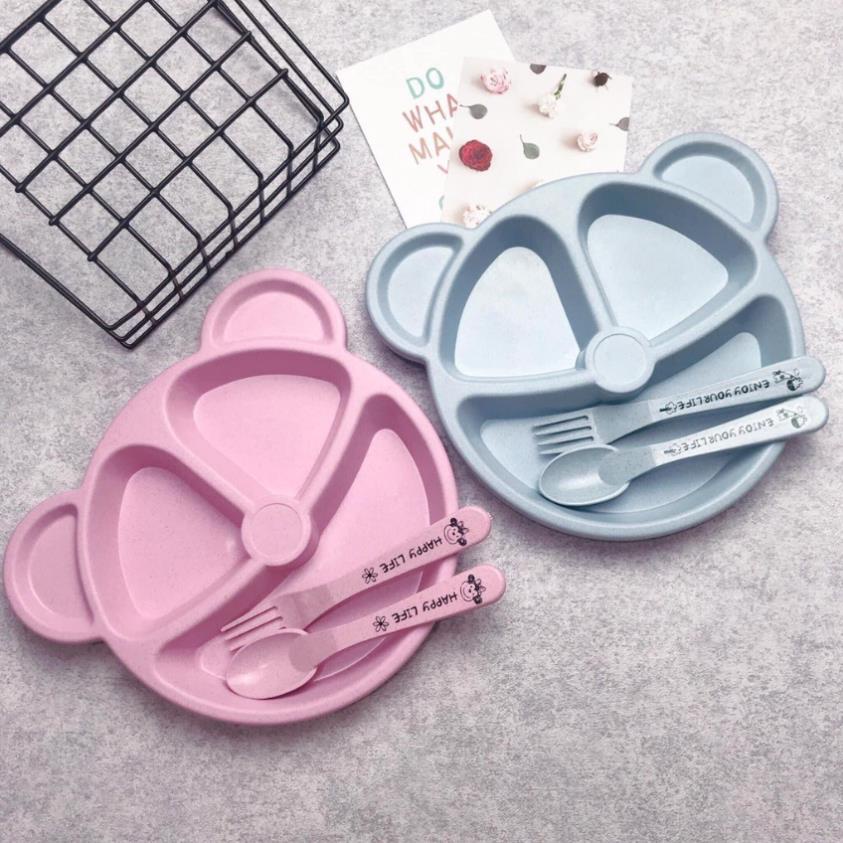 Khay Ăn Dặm Lúa Mạch Hình Gấu Kèm Thìa Dĩa Cho Bé