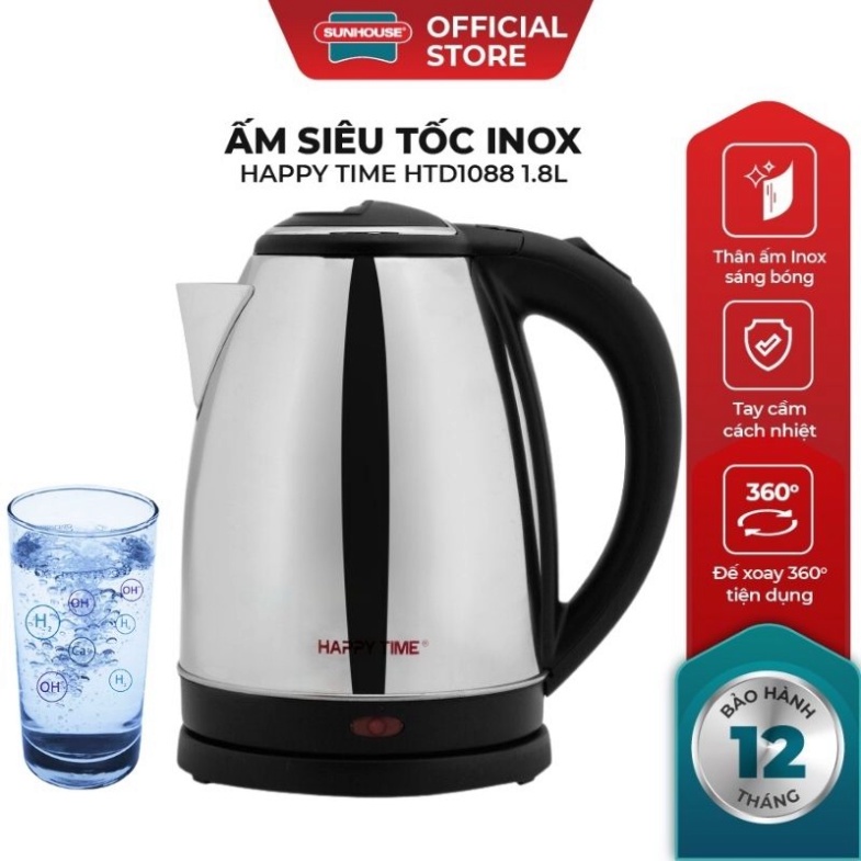 Ấm siêu tốc Inox 1.8L SUNHOUSE Happy Time HTD1088 bảo hành chính hãng 12 tháng