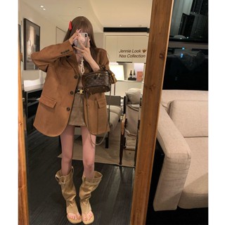 Merad get Áo Khoác blazer Da Lộn Màu Nâu Phong Cách retro Mùa Thu 2023 Cho Nữ