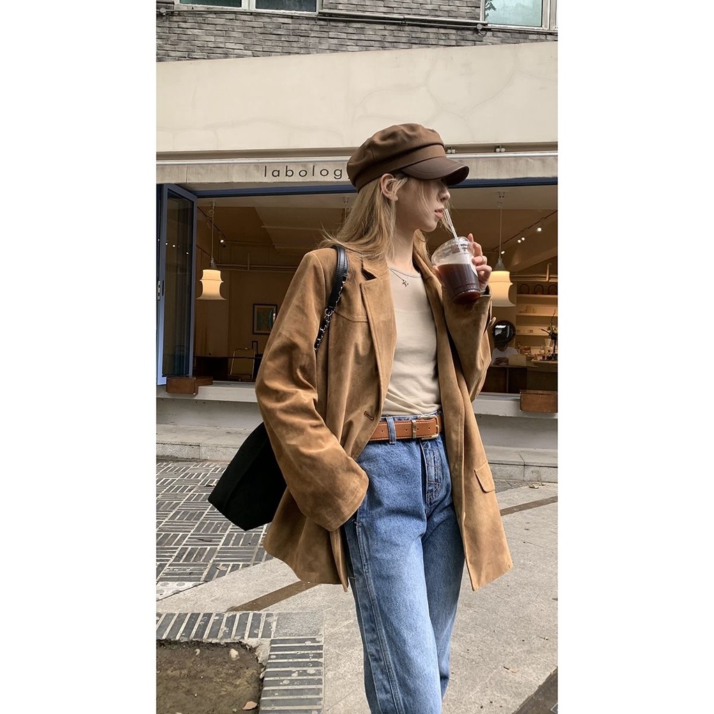 Áo Khoác Tay Dài Dáng Rộng Màu Cà Phê Thời Trang Xuân Thu 2023 Mới
