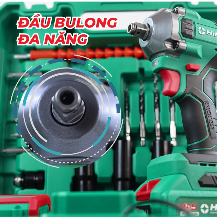 Máy siết bulong Himoki HM-IW450N đầu 2 trong 1 Lực siết 450Nm tặng kèm bộ phụ kiện 25 chi tiết bảo hành chính hãng