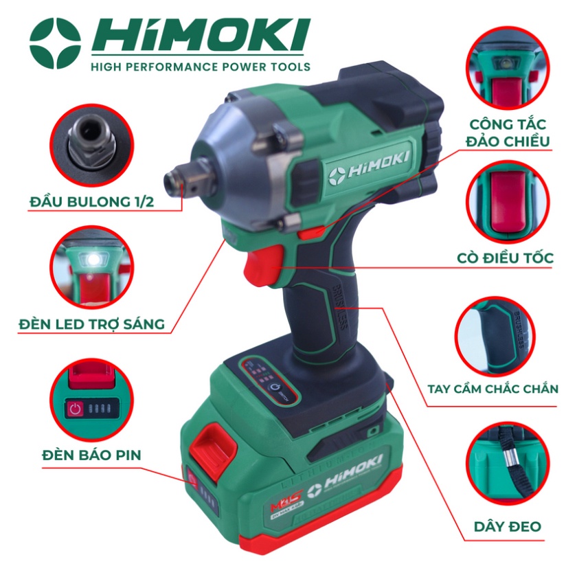 Máy siết bulong Himoki HM-IW450N đầu 2 trong 1 Lực siết 450Nm tặng kèm bộ phụ kiện 25 chi tiết bảo hành chính hãng