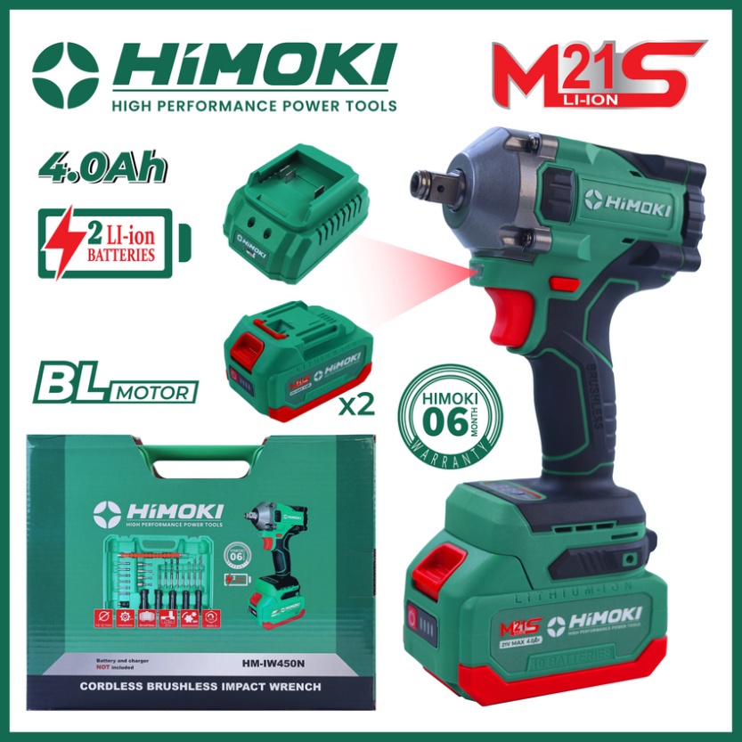 Máy siết bulong Himoki HM-IW450N đầu 2 trong 1 Lực siết 450Nm tặng kèm bộ phụ kiện 25 chi tiết bảo hành chính hãng