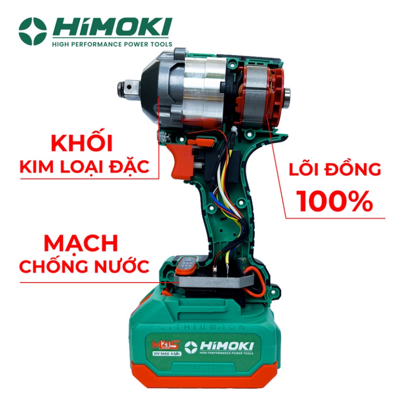 Máy siết bulong Himoki HM-IW450N đầu 2 trong 1 Lực siết 450Nm tặng kèm bộ phụ kiện 25 chi tiết bảo hành chính hãng
