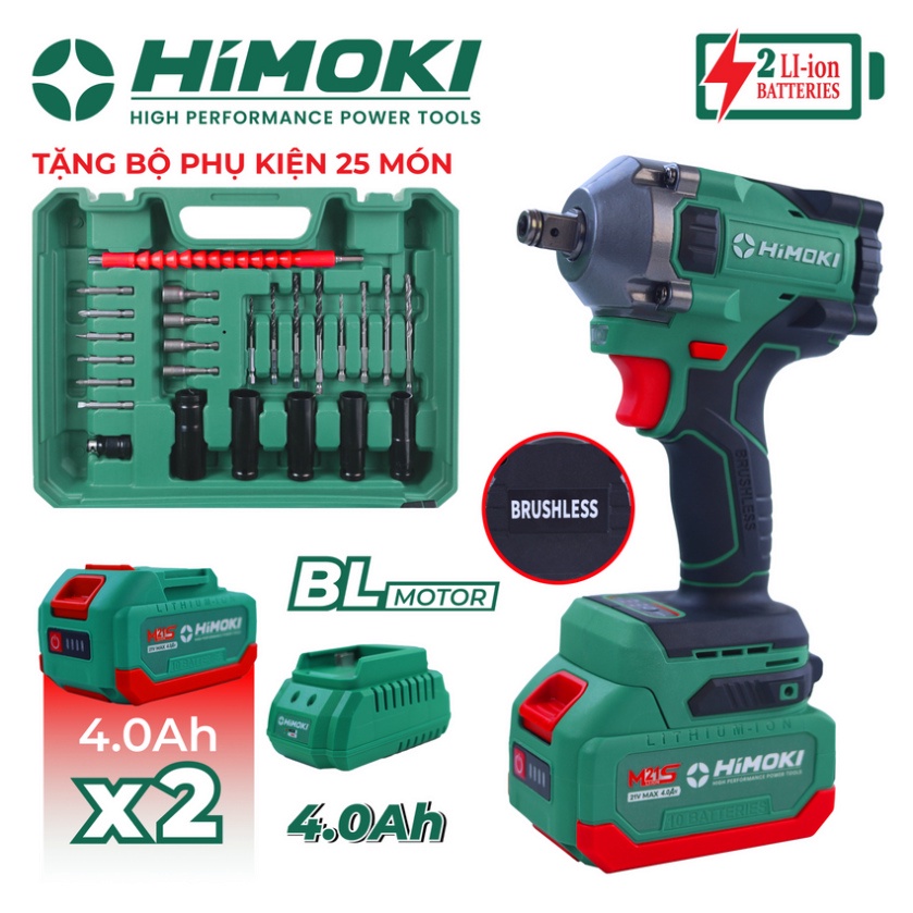 Máy siết bulong Himoki HM-IW450N đầu 2 trong 1 Lực siết 450Nm tặng kèm bộ phụ kiện 25 chi tiết bảo hành chính hãng