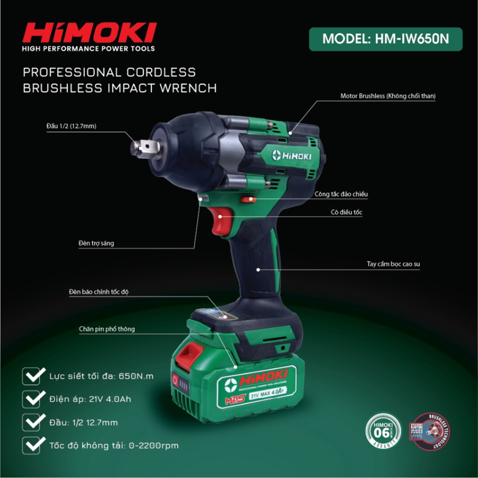 Máy Siết bulong Himoki Lực búa HM-IW650N chân pin phổ thông lõi đồng 100% Lực siết 650Nm
