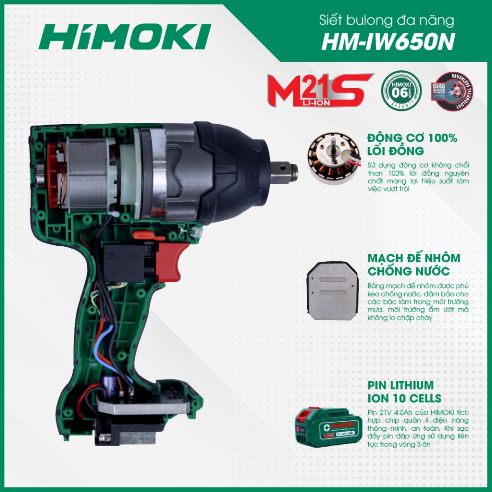 Máy Siết bulong Himoki Lực búa HM-IW650N chân pin phổ thông lõi đồng 100% Lực siết 650Nm