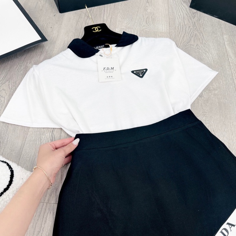 ✔ Set áo polo Prada mix phần chân váy phối ly tuyệt phẩm Áo cotton khô QC l1 dày đẹp, nẹp viền c