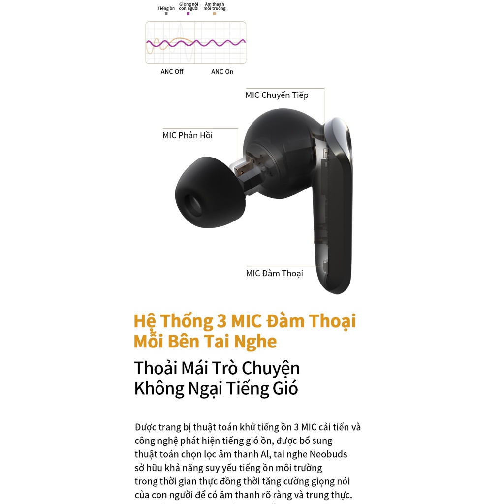 Tai nghe bluetooth EDIFIER NEOBUDS |Thời lượng pin 24 giờ | HIRES Audio Wireless Chống ồn chủ động 6 micro đàm thoại