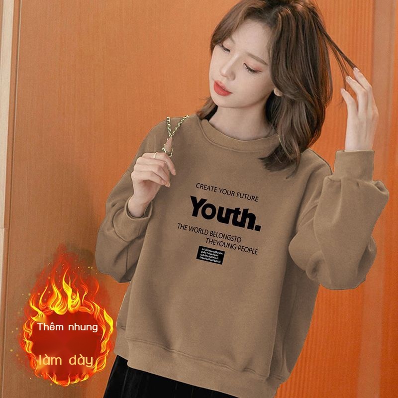 Áo Thun Tay Dài Chui Đầu Dáng Rộng Bằng Vải cotton Lót Lông Cừu Dày Dặn Phong Cách Hàn Quốc Thời Trang Mùa Đông Hàng Mới Dành Cho Bạn Nữ