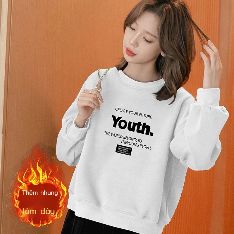 Áo Thun Tay Dài Chui Đầu Dáng Rộng Bằng Vải cotton Lót Lông Cừu Dày Dặn Phong Cách Hàn Quốc Thời Trang Mùa Đông Hàng Mới Dành Cho Bạn Nữ