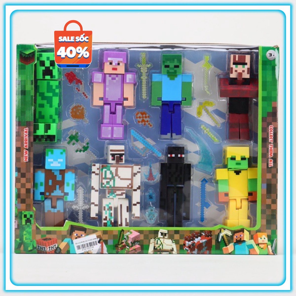 Thanh lí Bộ Đồ Chơi Mô Hình Nhân Vật Minecraft-Đồ chơi 8 nhân vật Mô Hình Roblox phiên bản Minecraft có tặng kèm xe