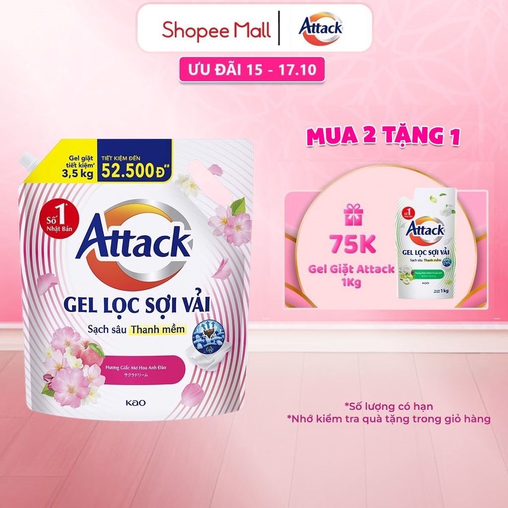 [GIẢM 50K ĐƠN 300K] Gel Giặt Attack Hương Giấc Mơ Hoa Anh Đào Túi 3.5Kg