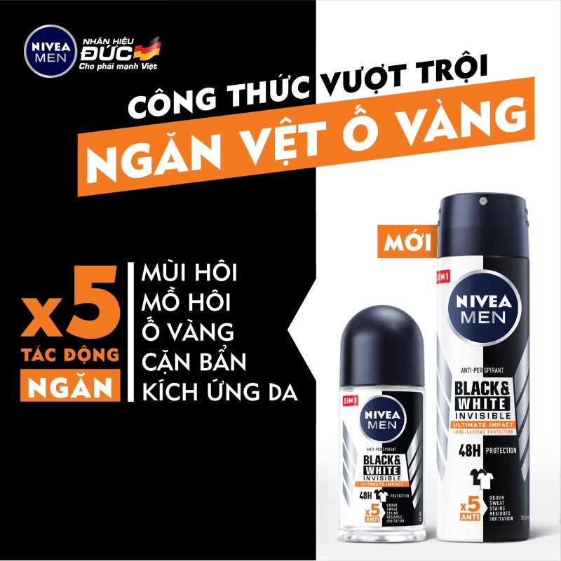 Bộ 6 Lăn Ngăn Mùi NIVEA MEN Black & White Invisible Ultimate Ngăn Vệt Ố Vàng - Hương Mạnh Mẽ (50 ml) - 85392