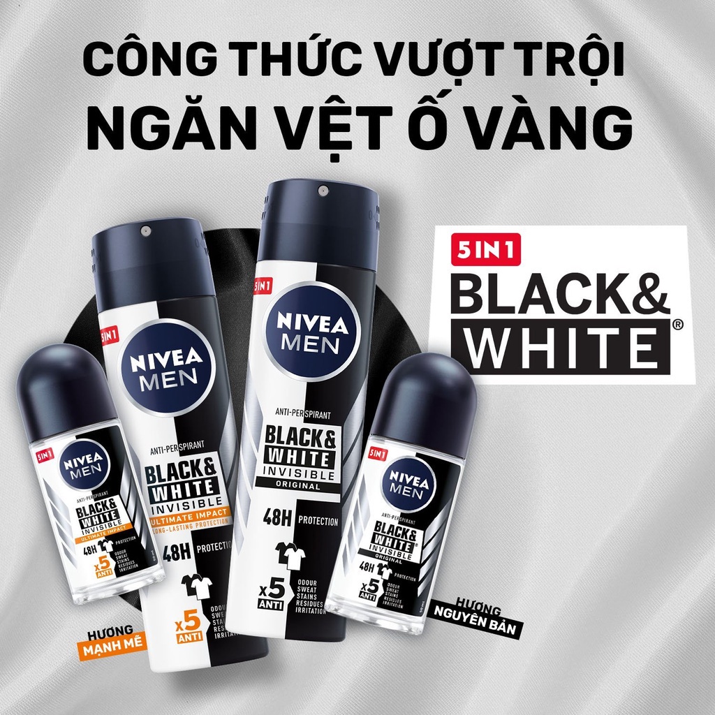 Bộ 6 Lăn Ngăn Mùi NIVEA MEN Black & White Invisible Ultimate Ngăn Vệt Ố Vàng - Hương Mạnh Mẽ (50 ml) - 85392