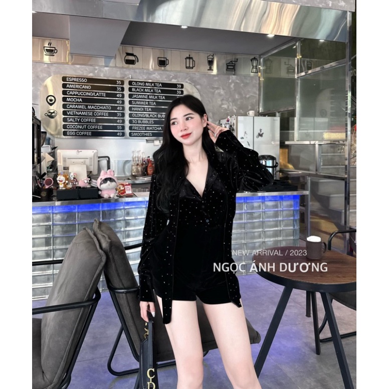 ✔ Set sơmi nhung nhũ mix quần sooc tuyệt phẩm Áo sơmi nhung nhũ QC cao cấp, buộc vạt thay đổi Qu