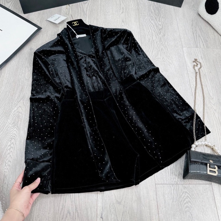 ✔ Set sơmi nhung nhũ mix quần sooc tuyệt phẩm Áo sơmi nhung nhũ QC cao cấp, buộc vạt thay đổi Qu