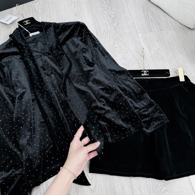 ✔ Set sơmi nhung nhũ mix quần sooc tuyệt phẩm Áo sơmi nhung nhũ QC cao cấp, buộc vạt thay đổi Qu