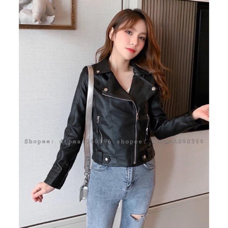 Áo khoác da nữ khoá chéo cổ bẻ phối cúc - giá tốt