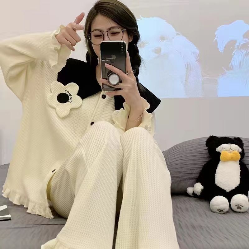 Bộ Đồ Ngủ Tay Dài Chất cotton Họa Tiết Bánh waffle Dễ Thương Thời Trang Xuân Thu Cho Nữ