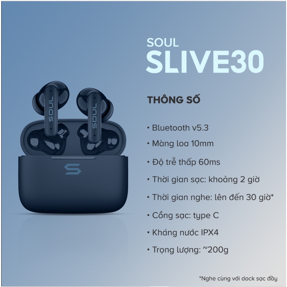 Tai nghe Truewireless soul s-live 30-Enc chống ồn IPX4 chống nước Bluetooth 5.3 độ trễ 60ms bảo hành 12 tháng