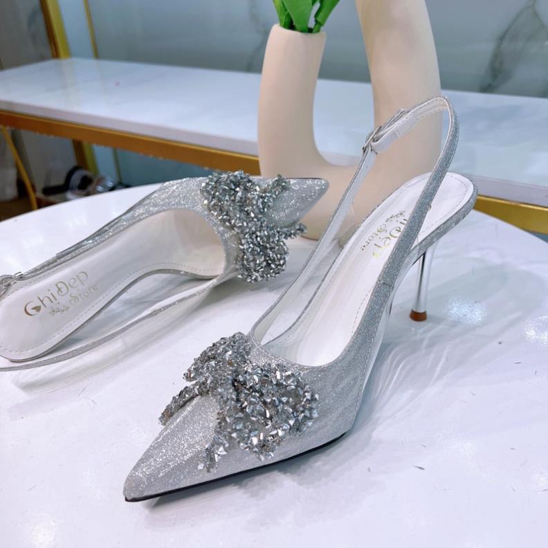 Giày cao gót nữ 9 phân kim tuyến phối mika đính nơ, giày sandal nữ 9cm Thanh Thảo Store mã U50