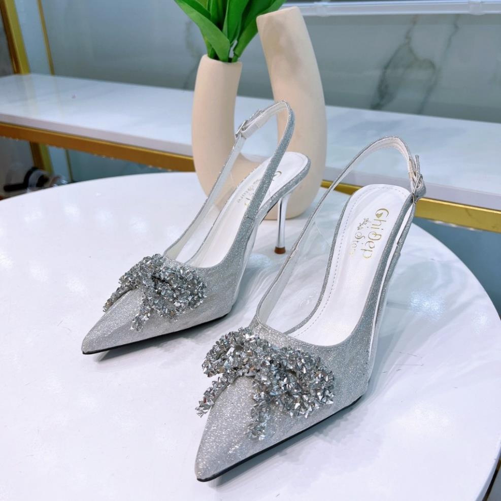 Giày cao gót nữ 9 phân kim tuyến phối mika đính nơ, giày sandal nữ 9cm Thanh Thảo Store mã U50